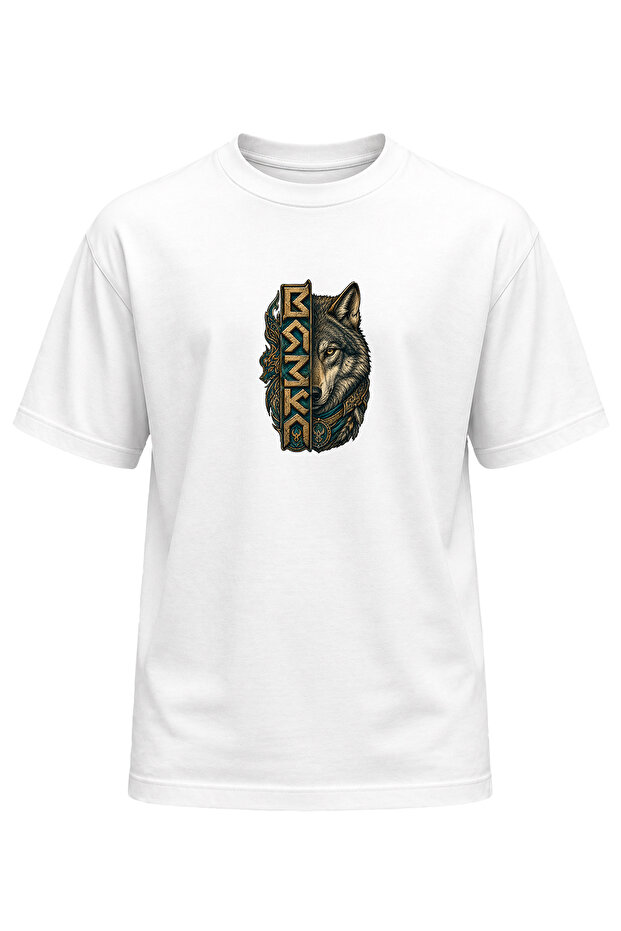 Unisex Black Wolf Göktürk Motif Printed T-Shirt – Special Design T-Shirt with Wolf Pattern and Ancient Turkish Symbol