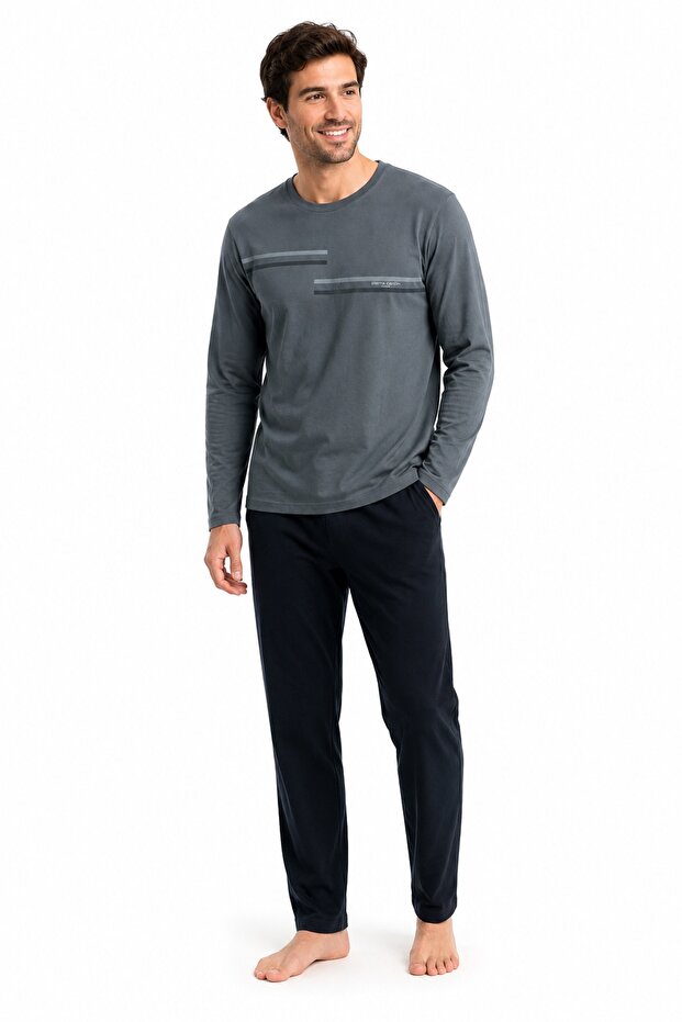 Men's Pajama Set, Crew Neck, Cotton, Asymmetrical Line Pattern