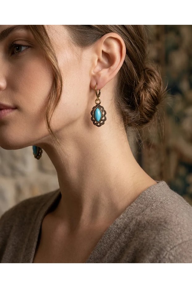 Vintage Bronze Turquoise Stone Dangle Earrings for Women - Authentic Special Design Jewelry