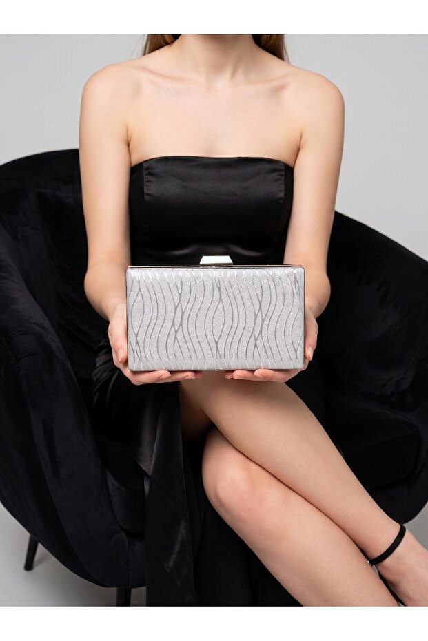Silver Gray Lame Striped Laser Patterned Women's Evening Dress Bag Wedding Engagement Graduation