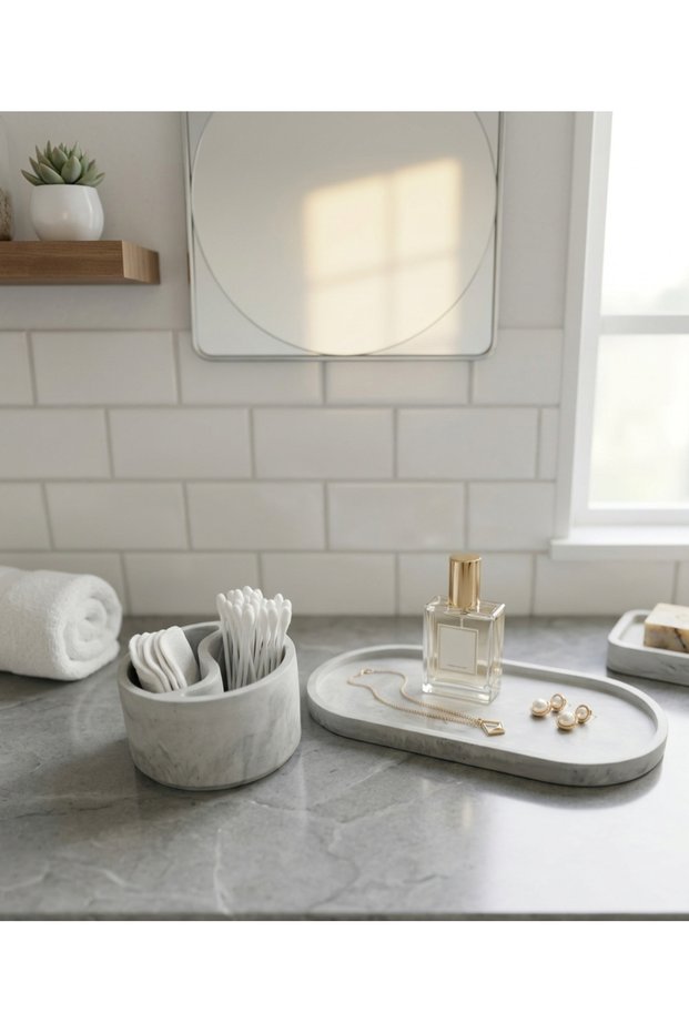 Cogo Ceramic Marble Patterned Bathroom and Makeup Table Organizer Stone Powder Casting Set – Oval Presentation Tray (22X11 cm) & Double Cotton Swab Holder / Earpick Box (9X5.5 cm)