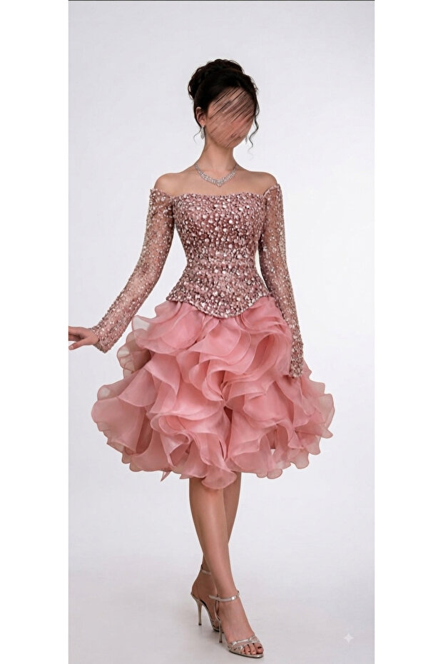 High-End Short Evening Dress Fluffy Design with Embroidered Sleeves