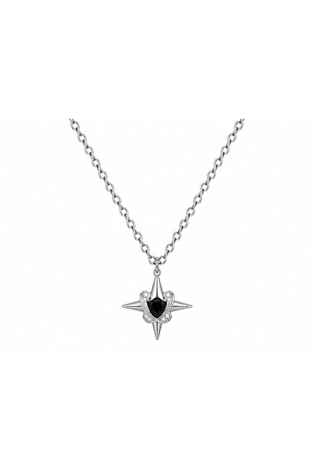 Gothic Star Necklace with Black Heart Detail – Silver Color Dark Style Necklace