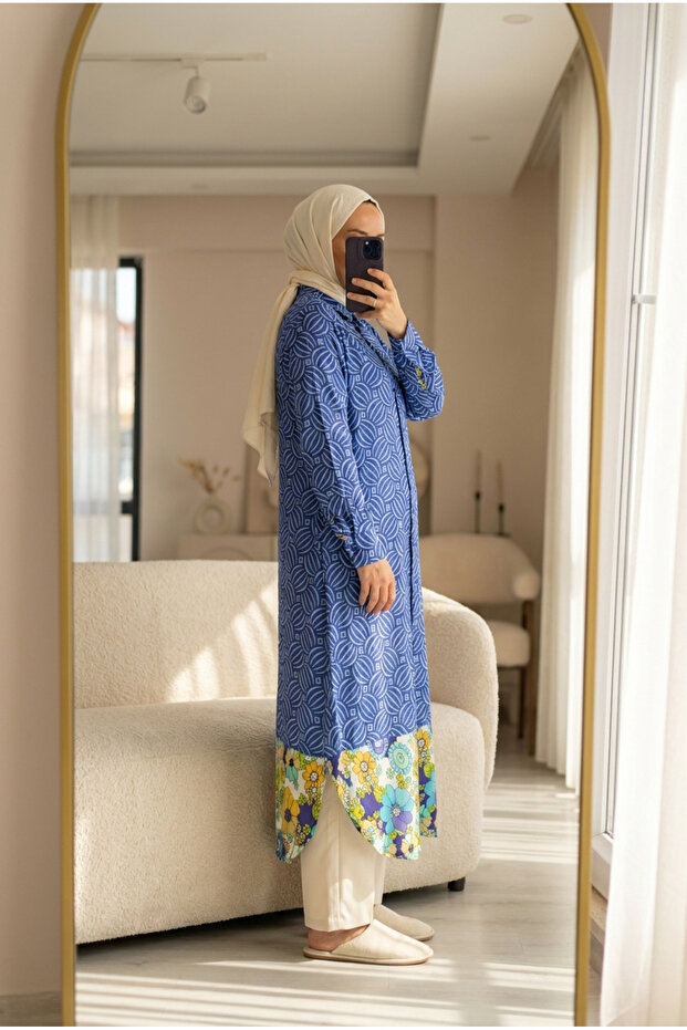 Women's Patterned Shirt Collar Buttoned Hijab Shirt Dress