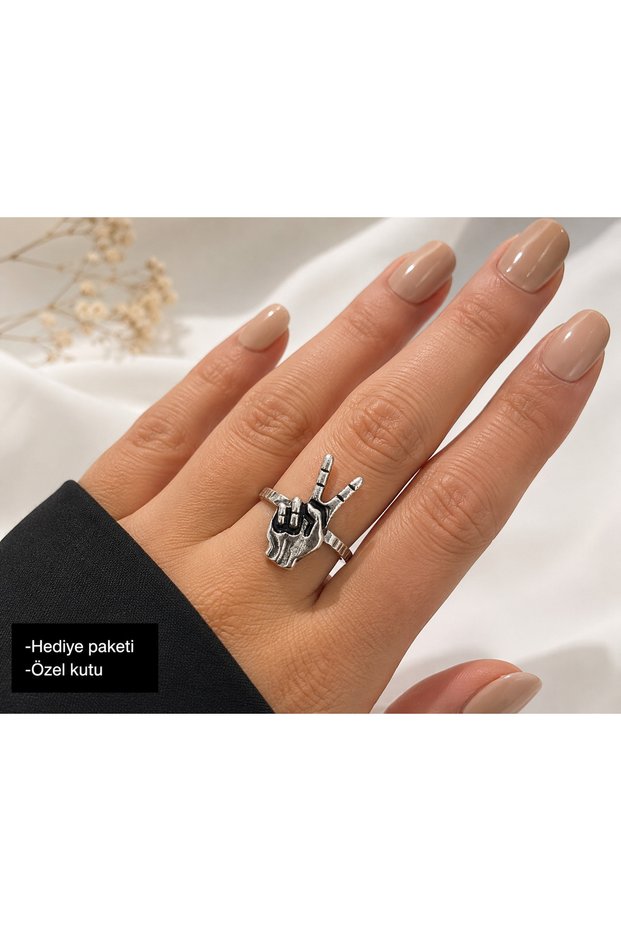 Peace Sign Metal Ring with Hand Figure – Original Design Modern Stylish Jewelry Accessory