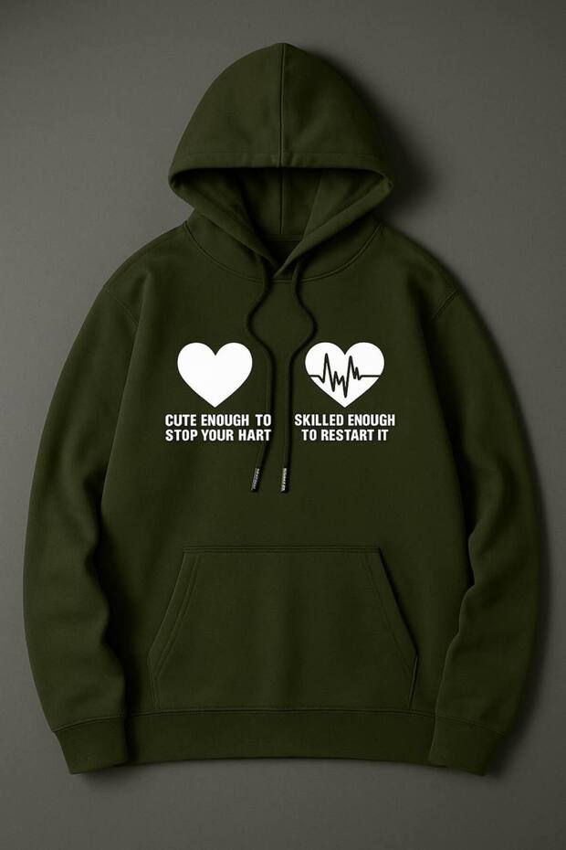 Unisex Oversize 3 Thread Yarn Kangaroo Pocket "Heart and Pulse" Printed Hooded Sweatshirt