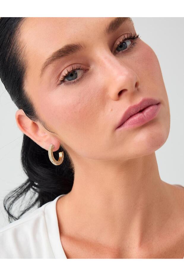 Gold Color Stone Detailed Shiny Hoop Earrings