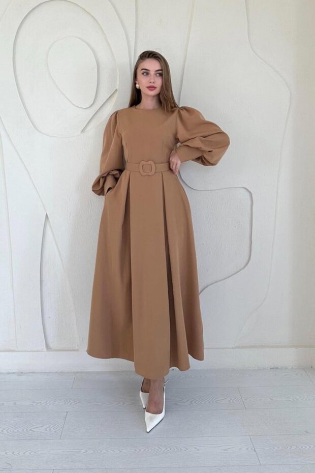 Camel Balloon Sleeves Dress with Belt