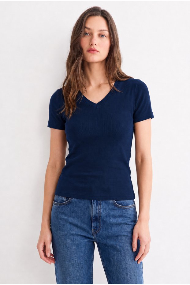 Organic Cotton Navy Blue Women's Ribbed V-Neck T-Shirt