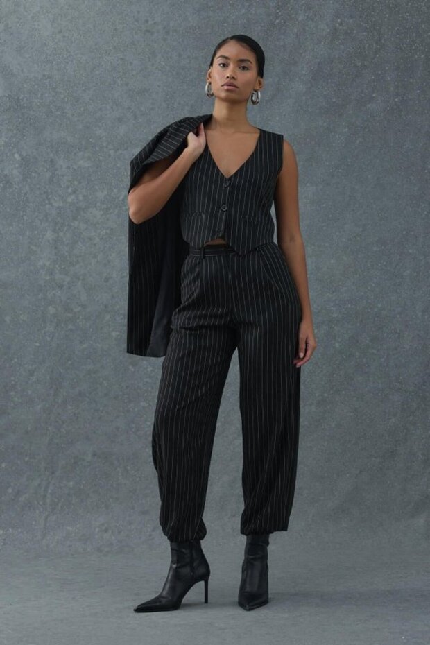 Black Striped Detailed Vest Three-Piece Set