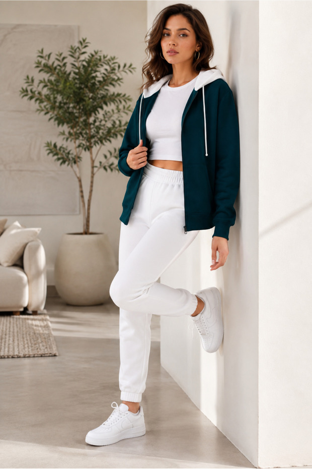 Women's Cardigan and Jogger Sweatpants Set 3 Yarns Ribbed Cardigan Hoodie and Jogger 2-Piece Sweatpants Set Full Zip Closure Jacket and Elastic Cuff Jogger Long Sweatpants