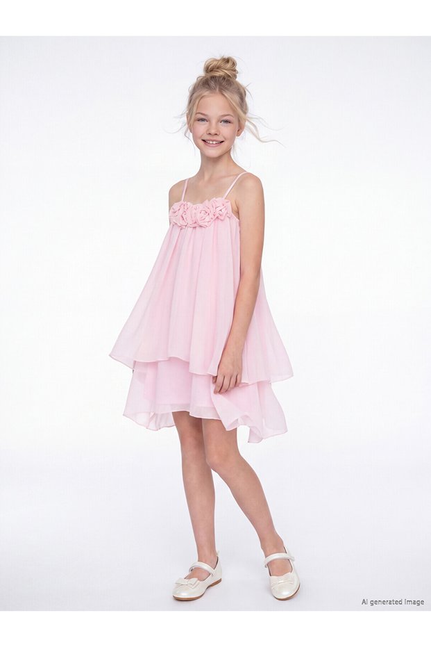 Trendlucky Girls' Chiffon Dress with Floral Detail and Drawstring Straps