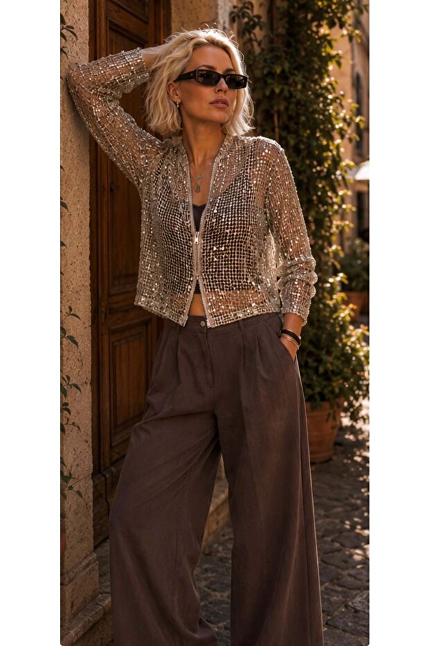 - Trend Kahve - / Stone Color Sequined Zippered Hooded Cardigan - Jacket