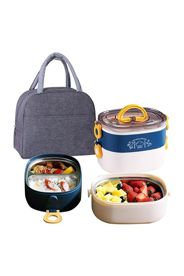 Sulfar Stainless Steel Lunch Box - Insulated Bento Box Multifunctional Containers Food Containers with 2 Compartments,Tableware, Nylon insulation bag (1.2L Blue)