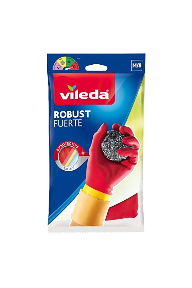 Vileda Robust (Protection) Rubber Gloves M, Reusable, Comfort Plus Lining, Latex And Neoprene, Heavy-Duty, Medium Size, Red & Yellow (1 Pair Per Pack)