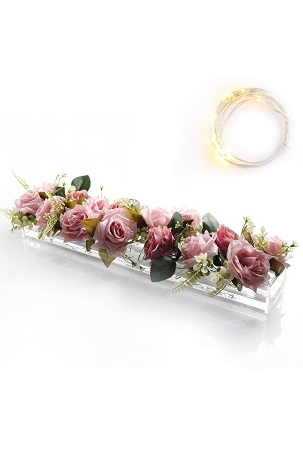VAODO Vase, Clear Acrylic Rectangular Vase with String Lights, 24 Hole Table Rectangular Floral Centerpiece, 60 * 10 * 6 CM, Suitable for Family Dinner, Wedding Table Decoration