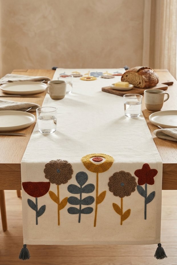 Botanical Dream Colorful Punch Embroidered Tasseled Cotton Runner 40X130 cm