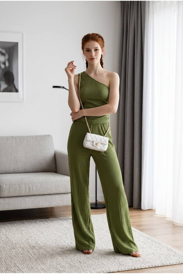 Rmg Women's Lycra Comfortable Cut Single Shoulder Wrinkled Fabric Two-Piece Top and Bottom Set