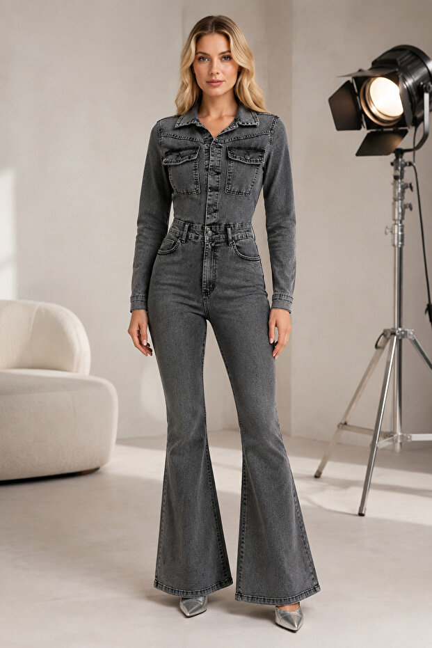 Women's Long Sleeve Snow Black Buttoned Flare Spanish Leg Denim Jumpsuit