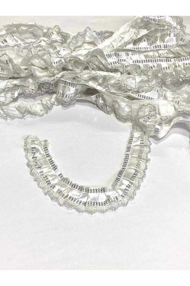 Sequin Pleated Ruffle Ribbon / Satin Ruffle / 4 cm / 1 Meter White