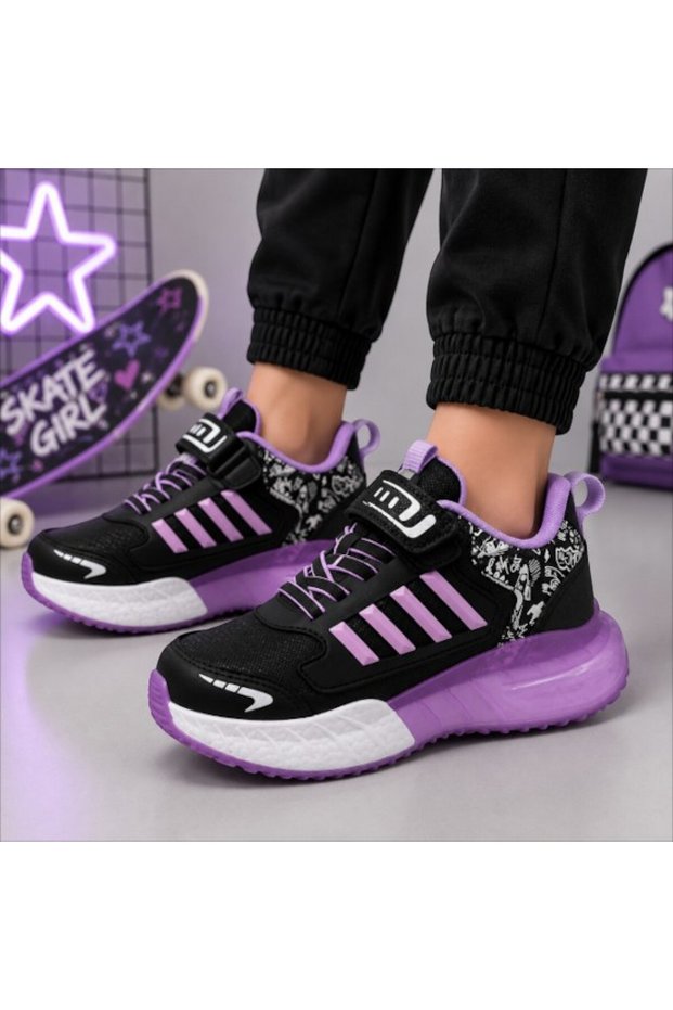 Graffiti Children's Sneaker Shoes Black Lila 31-35