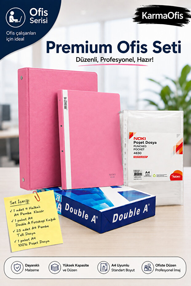 Premium Office Set – 4-Ring Pink A4 Folder, 25-Ring Binder, 100-Pocket File, and A4 Copy Paper