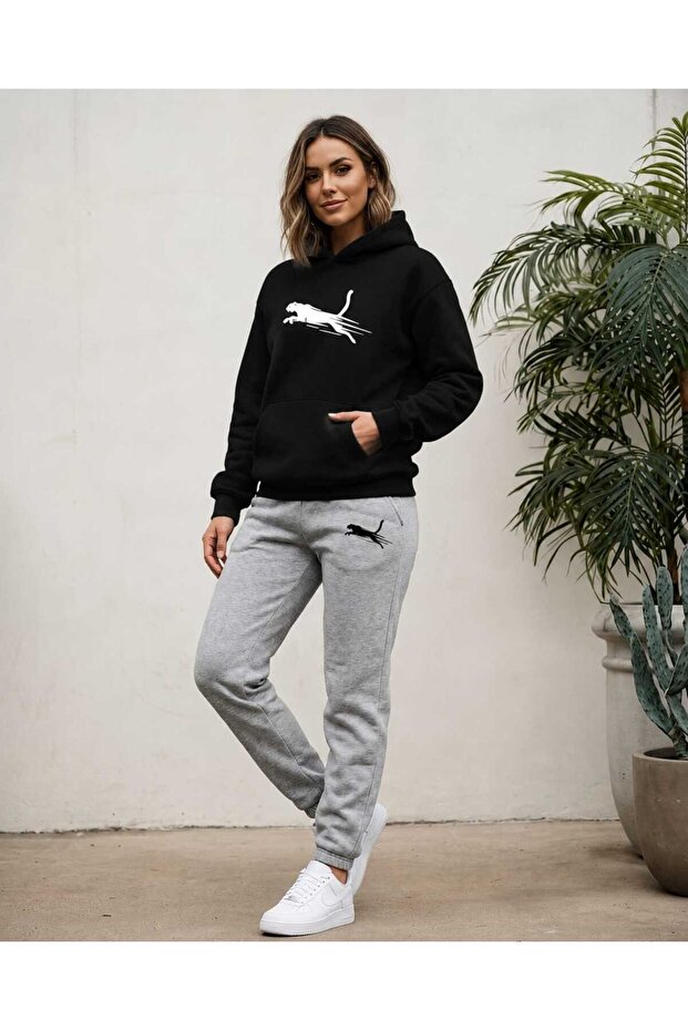 Hooded Tracksuit 2-Piece Combination Winter Panther Printed Women's / Men's Unisex Model