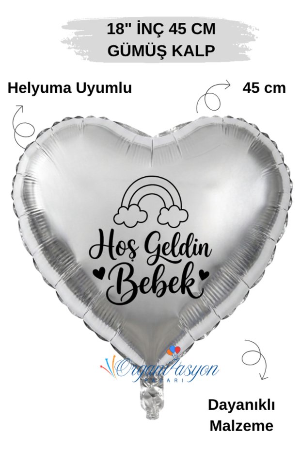 18 Inch Silver Heart Foil Balloon | Welcome Baby Rainbow Printed | Newborn Baby Shower Hospital Room Decoration Balloon