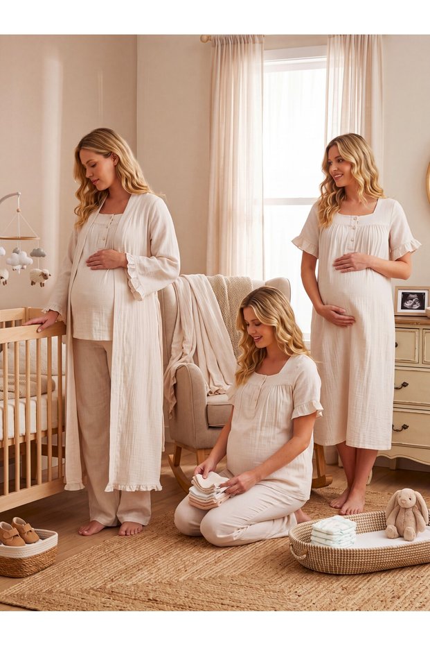 New Season Light Beige Linen Special Design Short Sleeve 100% Cotton Maternity Dressing Gown Nightgown Pajama Set with Breastfeeding Feature
