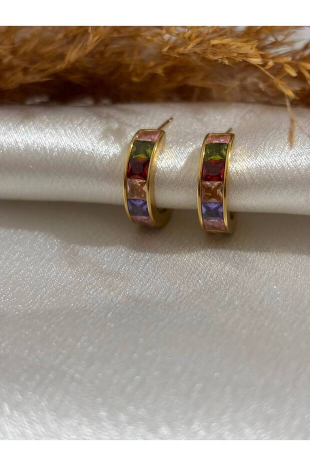 Colorful Stone Detailed Hoop Steel Earrings
