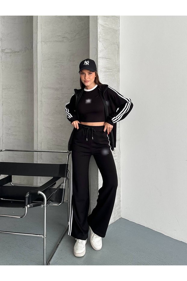 Women's New Season 3-Piece Crop Top, Zippered Front, Black Striped Modal Tracksuit Set