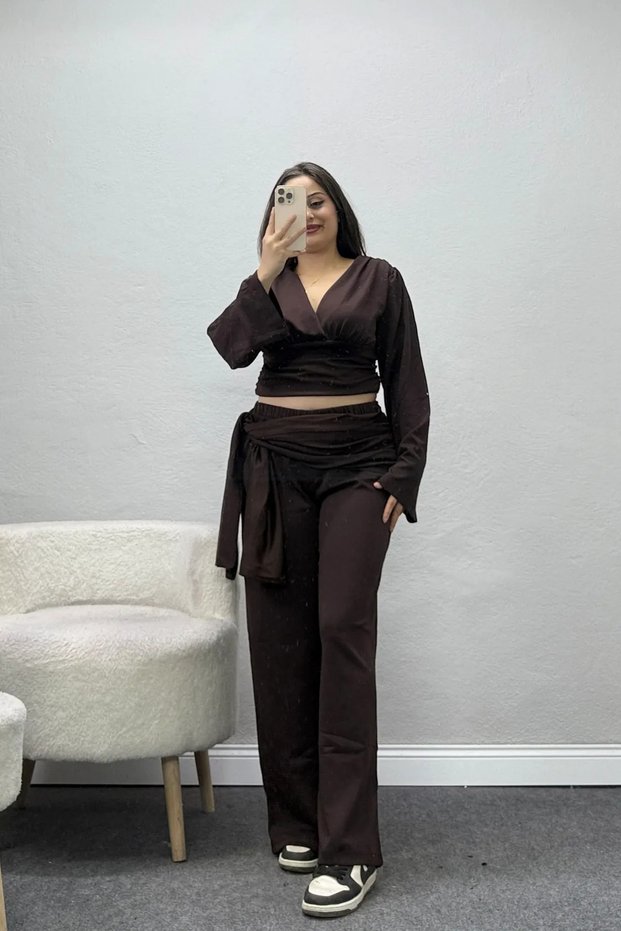 Women's Modal Belt Detailed Suit Set Brown