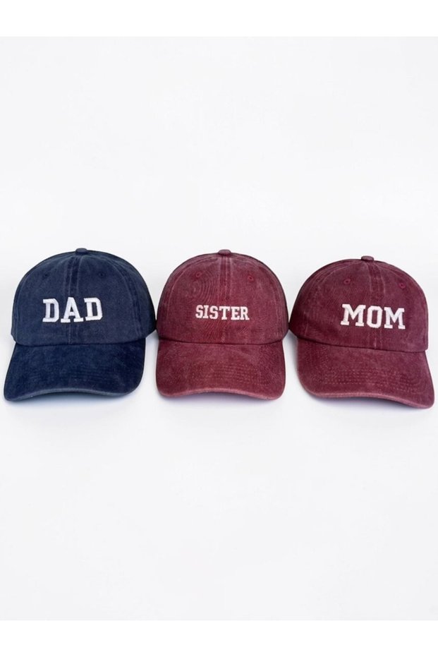 Dad & Mom & Sister College Font 3-Piece Washable Navy Blue Burgundy Baseball Cap