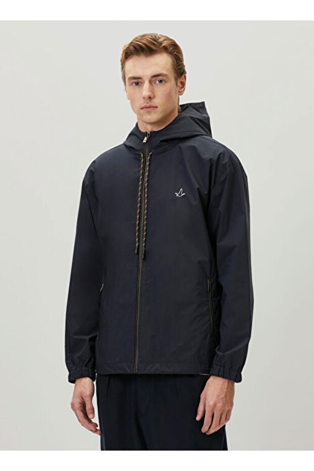 Navy Blue Hooded Leather Coat