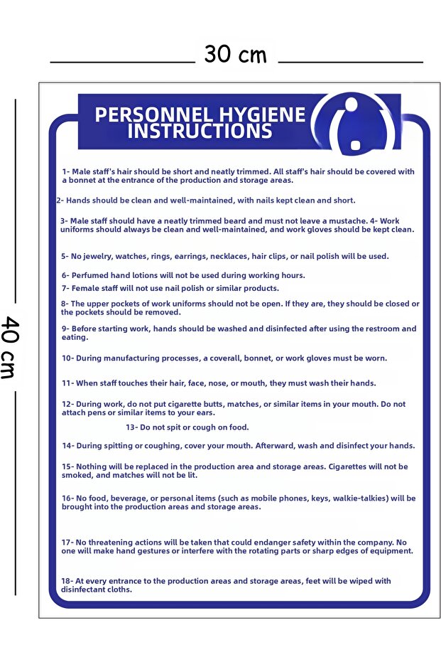 Metal Staff Hygiene Instruction 30X40 cm A3 Warning Work Safety Sign