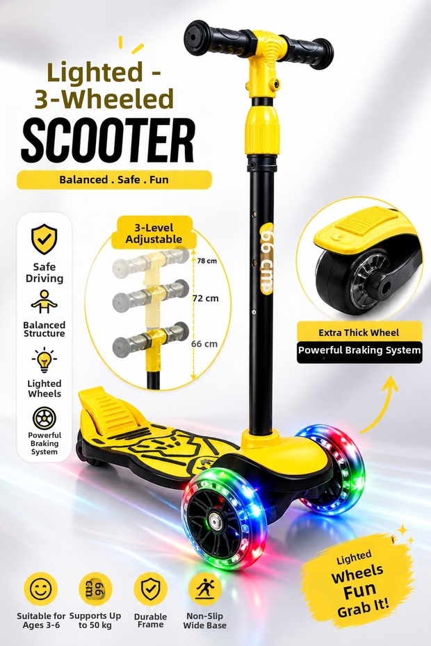 3-Wheel Kids Twist Scooter with Led Lights – Adjustable Handlebars, Balance-Assisted, Thick Rear Wheels, Powerful Braking System