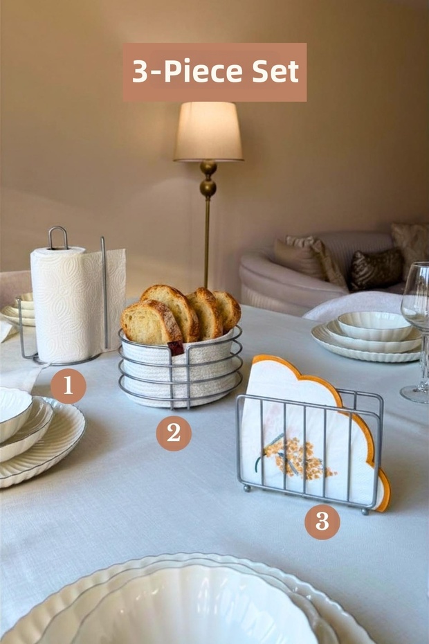 Set of 3 Matte Silver Cage Napkin Holder Vertical Paper Towel Holder Round Bread Basket with Divider Kitchen Set