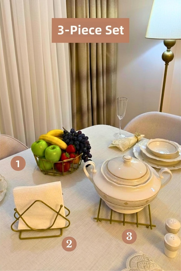 Set of 3 Matte Gold Triangle Napkin Holder Trivet Oval Corner Fruit Basket Kitchen Set