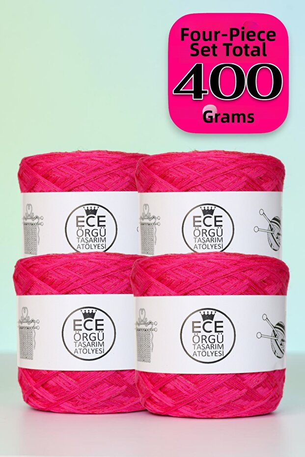 Fuchsia Pink, Multi-Strand Mercerized Cotton and Red Glitter Mixed Knitting Yarn (Total 400 Gr.)