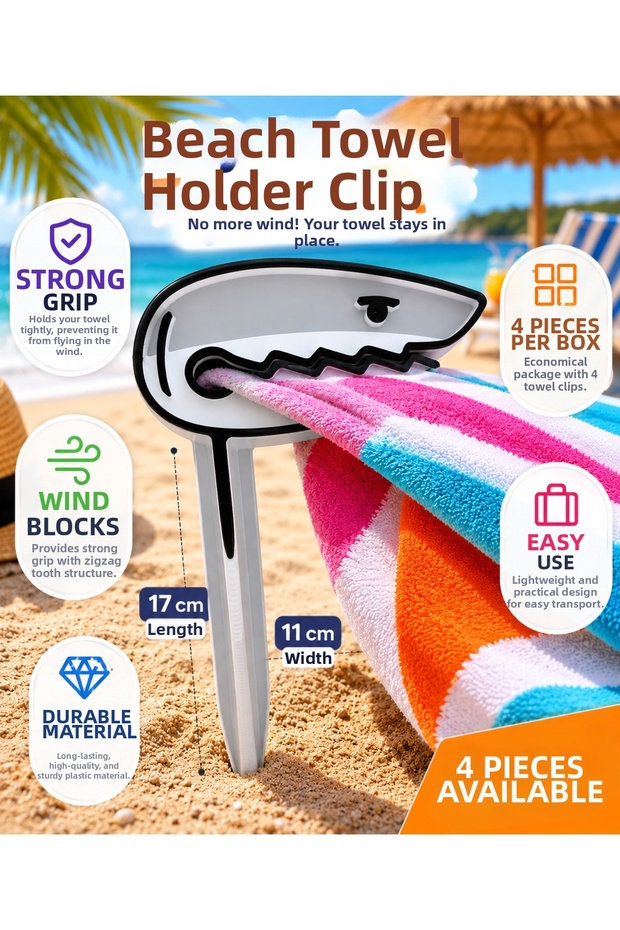 Set of 4 Beach Towel Stabilizer Clips – Anti-Wind Towel Holder – Sunbed and Beach Towel Fixing Device 17X11 cm