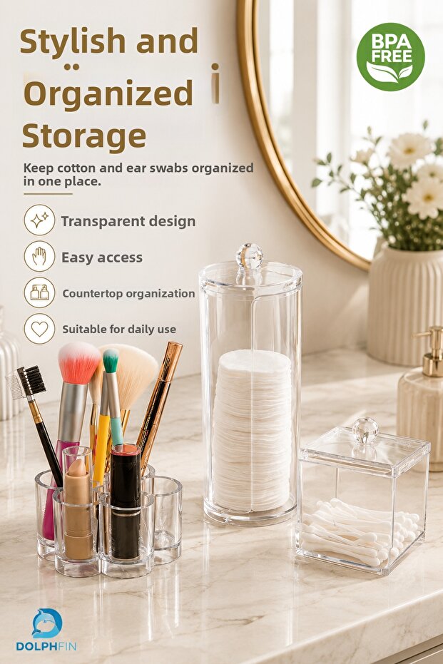 3-Piece Transparent Makeup Organizer Set Cotton Swab Box and Brush Organizer