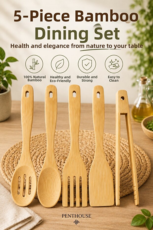 5 Pieces Bamboo Serving Set Serving Spoon Slotted Spoon Serving Fork Spatula Tongs Natural Bamboo Kitchen Utensils