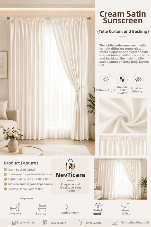 Off-White Satin Sunshade Curtain with Cornice, Comfortable to Install and Remove - Draped Sun-Proof Tulle and Background Curtain Compatible Sunshade