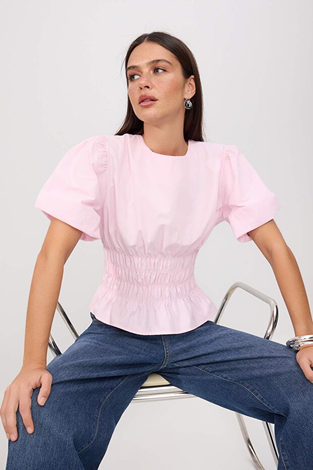 Pembe Beli Lastikli Dokuma Bluz TWOSS26BZ00863 - 2