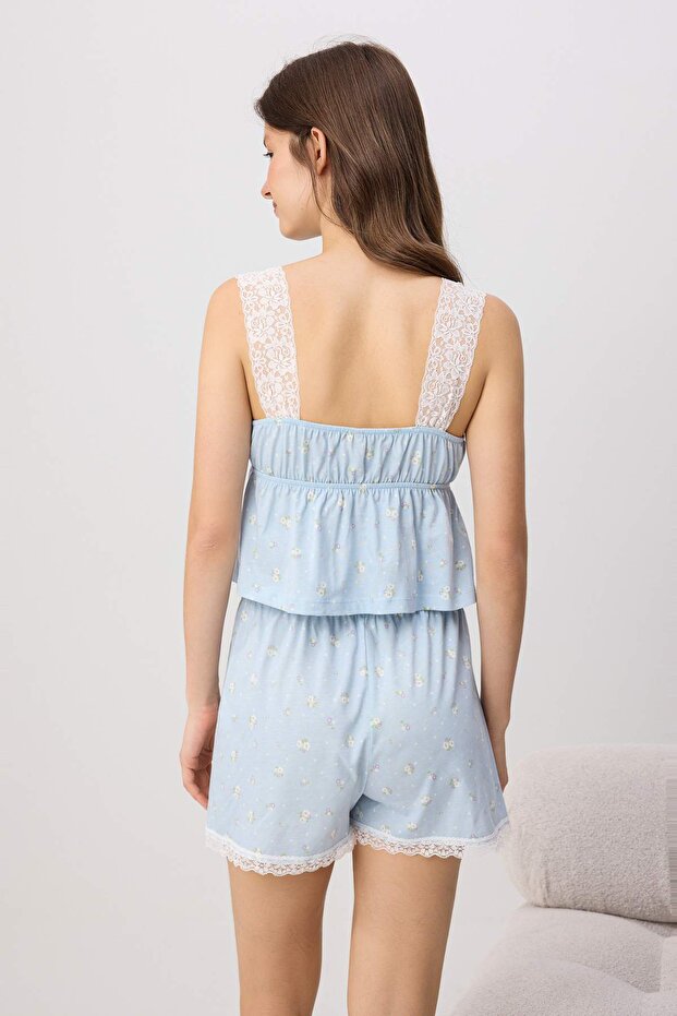 Mavi %100 Pamuklu Çiçekli Dantel Askılı Örme Pijama Takımı THMSS26PT00169 - 4