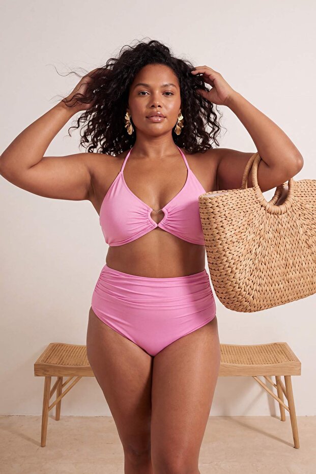 Pembe Yüksek Bel Korseli Büzgü Detaylı Toparlayıcı Büyük Beden Bikini Altı TBBSS23CR00001 - 2