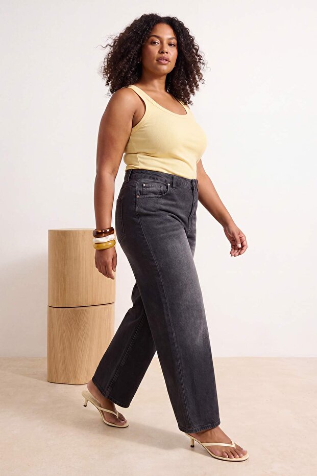 Antrasit Yüksek Bel Geniş Paça Comfort/Orta Esnek Büyük Beden Wide Leg Jeans TBBAW23CJ00020 - 2