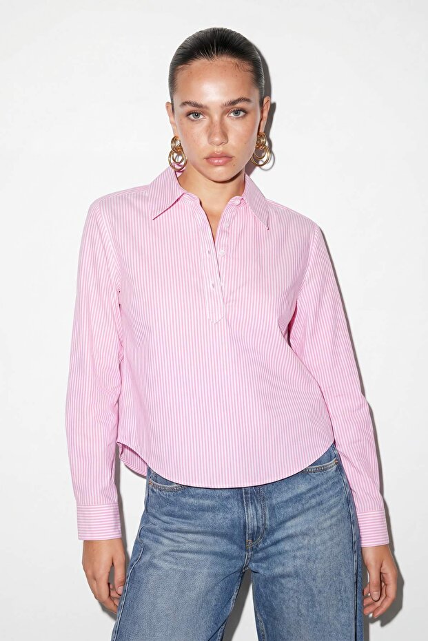 Pink Crop V-Neck Half Placket Buttoned Shirt Tdrss26Go00085