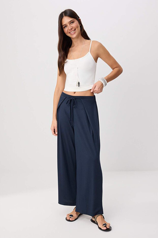 Navy Blue Wide Leg Regular Waist Long Interlock Knitted Trousers Twoss26Pl00162