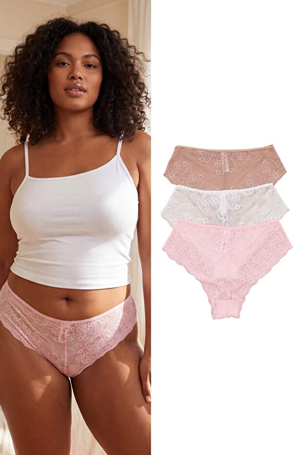 Pembe-Çok Renkli 3'lü Paket Yumuşak Dantelli Hipster Örme Esnek Büyük Beden Külot TBBAW25CM00008